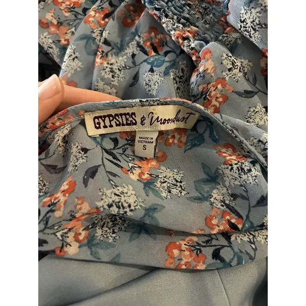 Gypsies & Moondust Flutter Sleeve Dusty Blue Floral Maxi Dress S, Ruffle Hem - Image 10