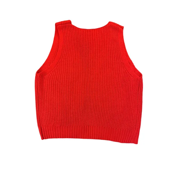 Red Knit Sweater Vest Sleeveless Open Front Longline Layering Preppy - Image 6
