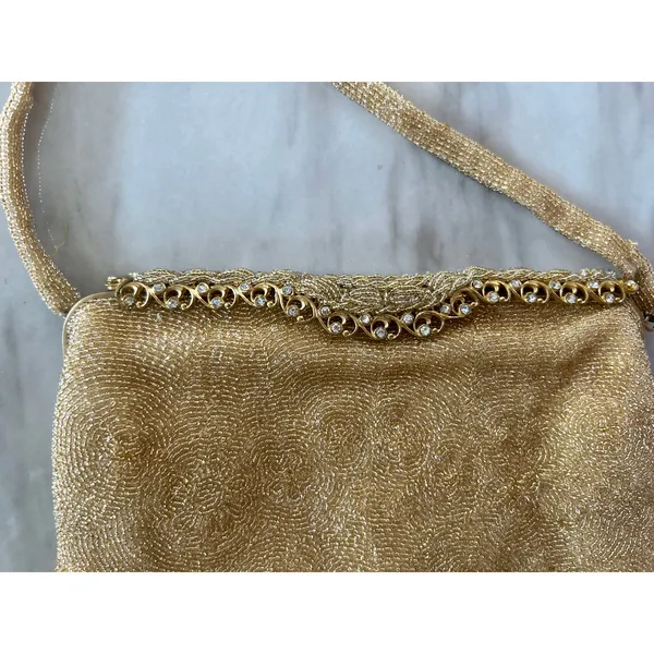 Le Goût du Jour Gold Beaded Swirl Rhinestone Filigree 50s Wrist Bag - Image 4