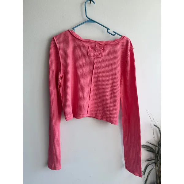 We The Free‎ Free People Pink Waffle Knit Thermal V-Neck Cropped Top XL - Image 3