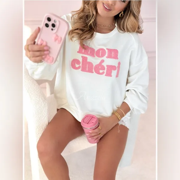 White and Pink 'Mon Chéri' Sweatshirt - Image 4