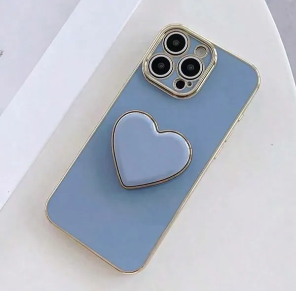 Light Blue Gold Heart Glossy Kickstand Back Case for Apple Smartphone Iphone 17 Pro - Image 3