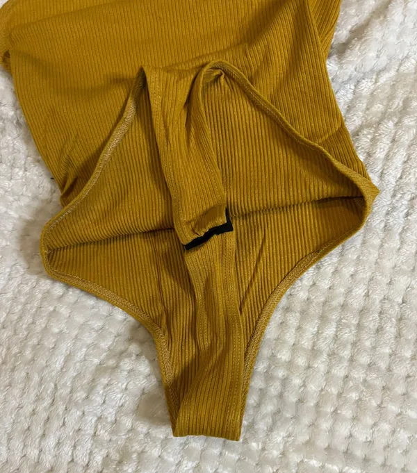 Medium Yellow Mustard Ribbed High Thigh Body Suit - Image 3