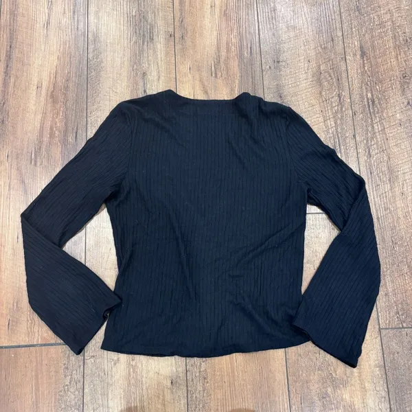 Reformation The Gellar Black Ribbed Button Front Bell Sleeve Crop Top Womens L - Image 8