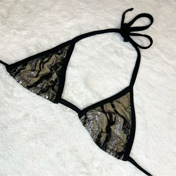 Black Mesh Silver Glitter Sequin Tiny Triangle String Bikini Top Size Small - Image 3