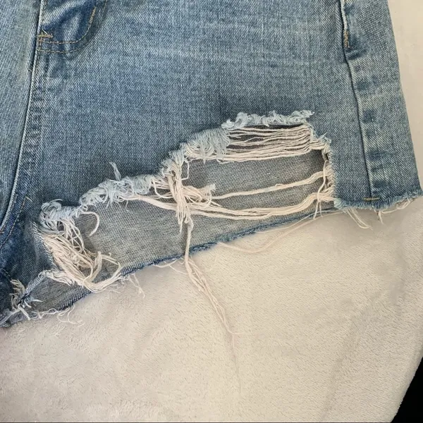 ASTONISHING denim destroyed Jean shorts size 27 Cheeky light blue beach boho - Image 6