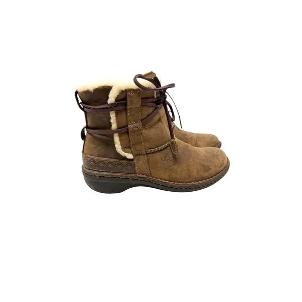 UGG Cove Leather Shearling Ankle Boots Brown Lace‎ Up Womens Size 6 - Image 6