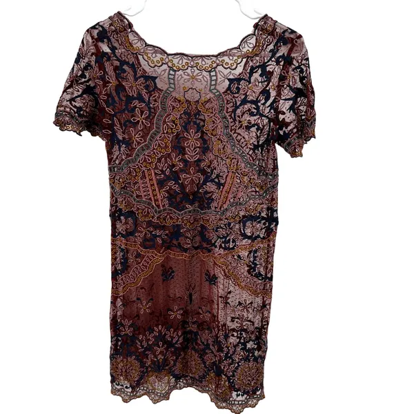 Sundance Dress Lace Sheer Scalloped Cover Up Mini Floral Embroidered Maroon S - Image 2