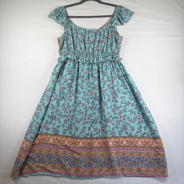 Teal Floral Smocked Midi Dress Womens‎ Medium Boho Flutter Sleeve Peasant V-Neck - Image 12
