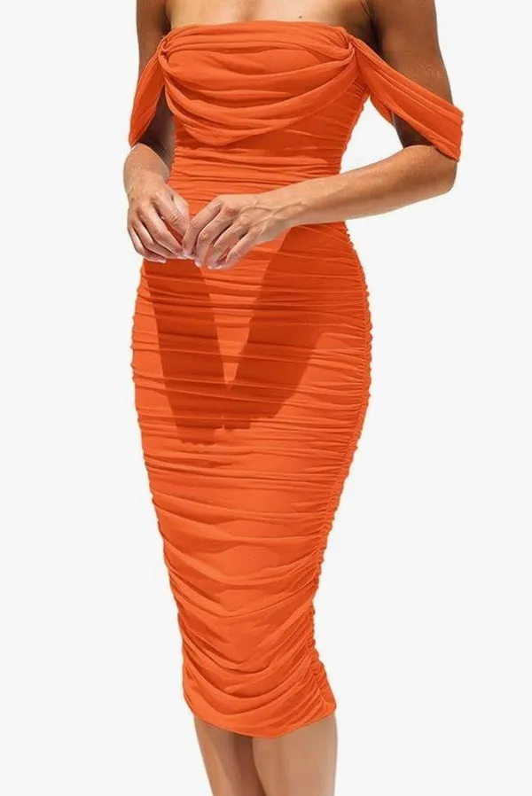 Orange Ruched Draped Dress Size L - Image 2