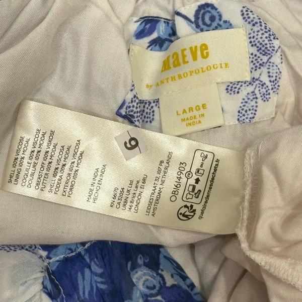 Maeve Anthropologie Blue White Floral‎ Sheer Tunic Blouse High Neck Tie Back L - Image 13