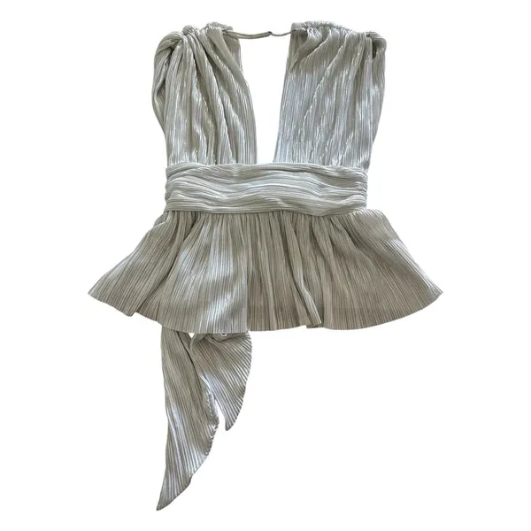 Sabina Musayev Shelby Top Large White Silver Metallic Plisse Deep V-Neck Tie Bow - Image 2
