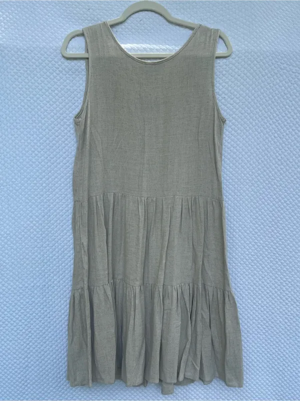 Marissa Olivia Women’s Small Oatmeal Linen Blend Tiered Button Front Midi Dress - Image 4