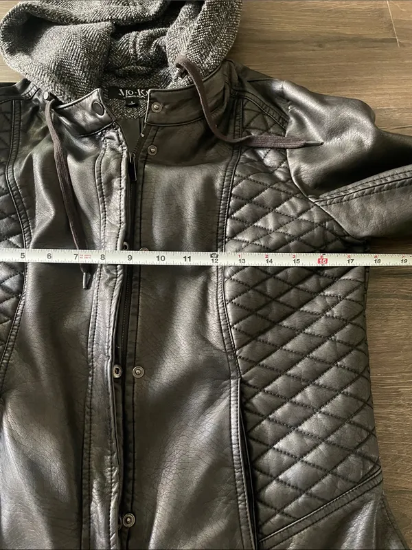 Women’s Mo-Ka Hooded Faux Leather Black Bomber Jacket, Size Small - Image 3
