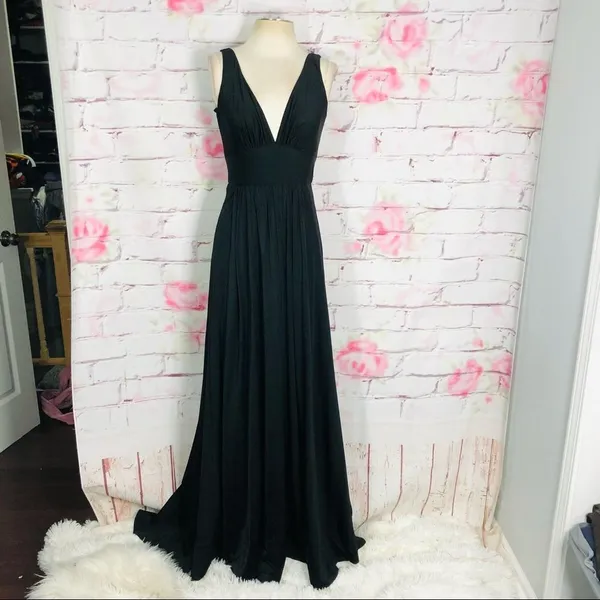 LA FEMME Plunge Neck A-line black high front slit Gown - Image 4