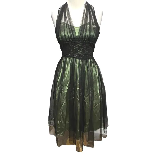 Vintage Y2K Cumbia Dress‎ XS Green Satin Black Mesh Goth Dark Fairy Whimsygoth - Image 2