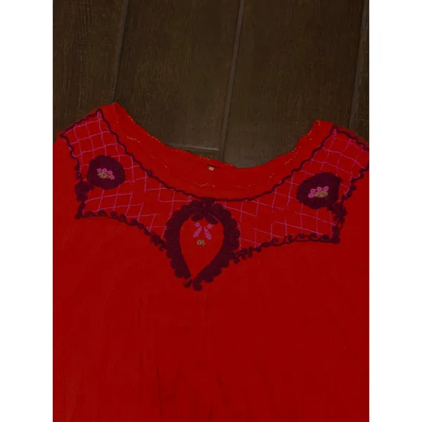Vintage Embroidered Boho Blouse Large Orange Red Textured Linen Blend Peasant - Image 3