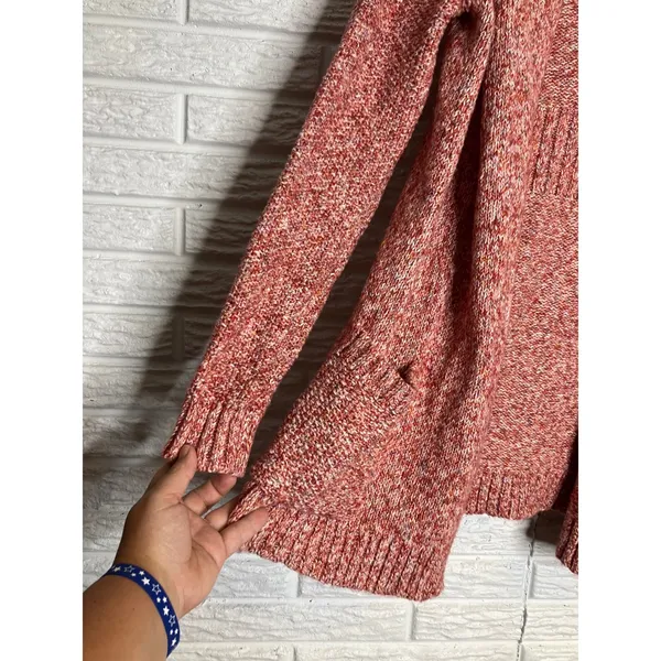 Eddie Bauer Lounge Hooded Cardigan‎ Womens Medium Pink Marled Knit Open Front - Image 2