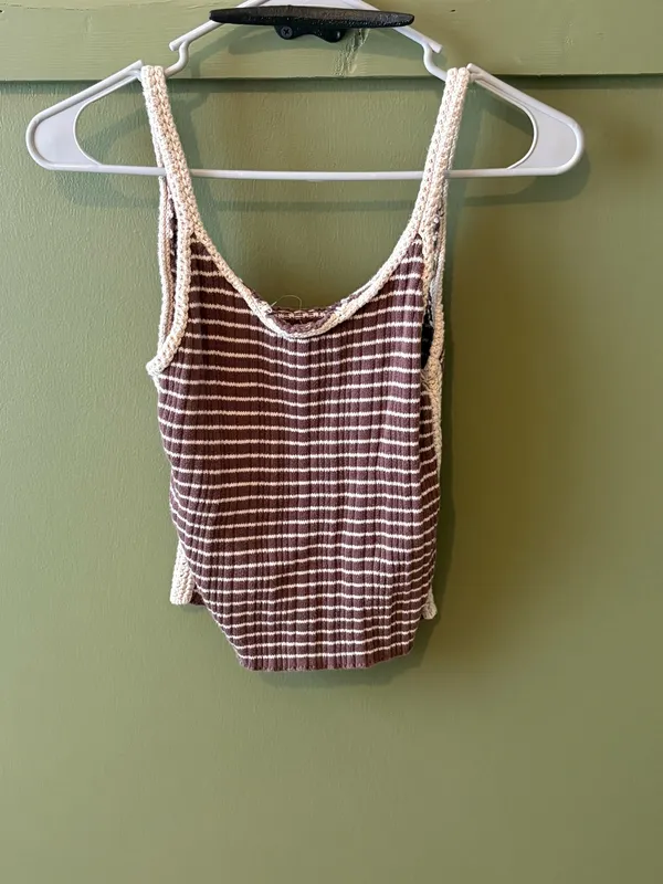 American Eagle Outfitters Brown Striped Crochet Trim Tank - Image 2