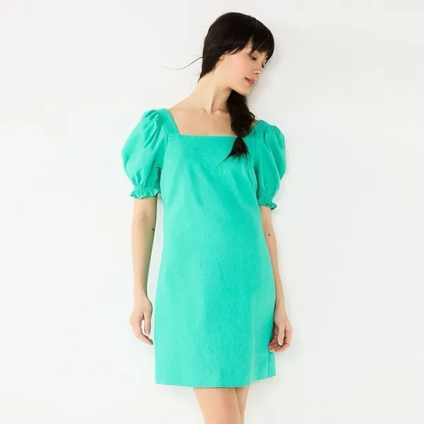 Draper James RSVP Squareneck Puff Sleeve Dress‎ linen blend sz XL bright teal - Image 2