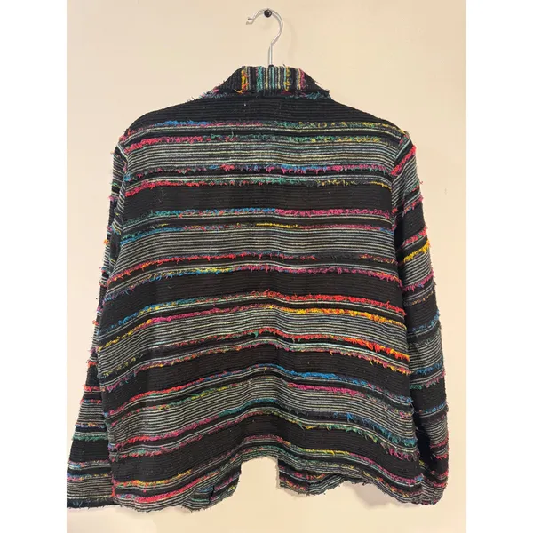 Coldwater Creek Women M Black Multi Color Striped Fringed Knit Artsy Boho Jacket - Image 2