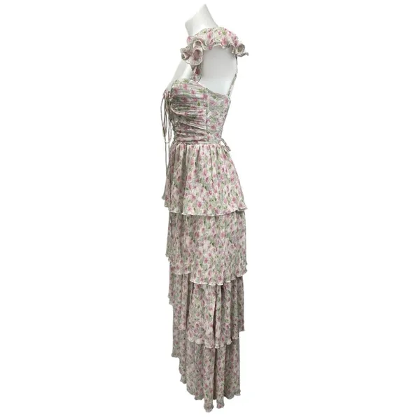 ASTR The Label Emmeline Pink Green Cutout Ruffle Floral Tiered Maxi Dress Sz XS - Image 3