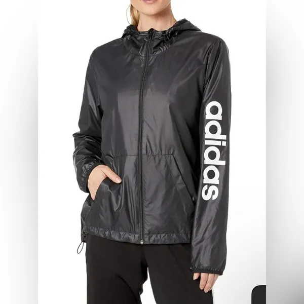 Adidas Women's Linear Windbreaker W/Hoodie, Rain Jacket, Full Zip, Black Size XS - Image 2