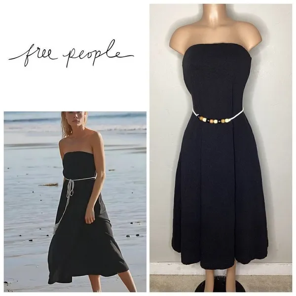 Free People black strapless dress with wood bead belt. Medium. Retails $70 - Image 2