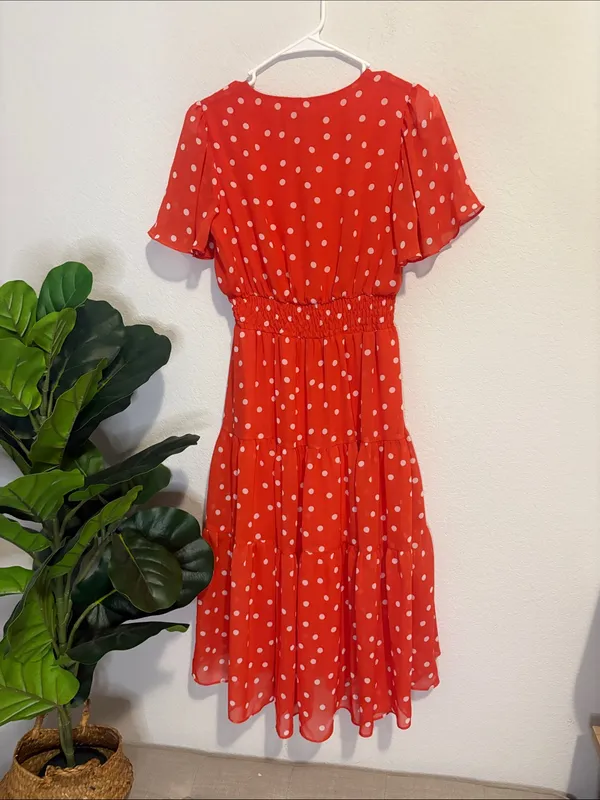 Polka Dot Tiered Midi Dress - coral Red 4 - Image 4