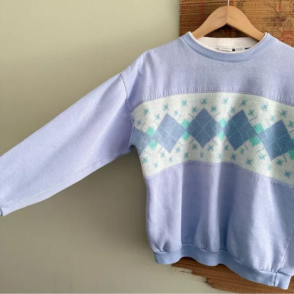 Hanes Vintage 80s Argyle Knit Detail Lavender Purple Sweatshirt - Image 4