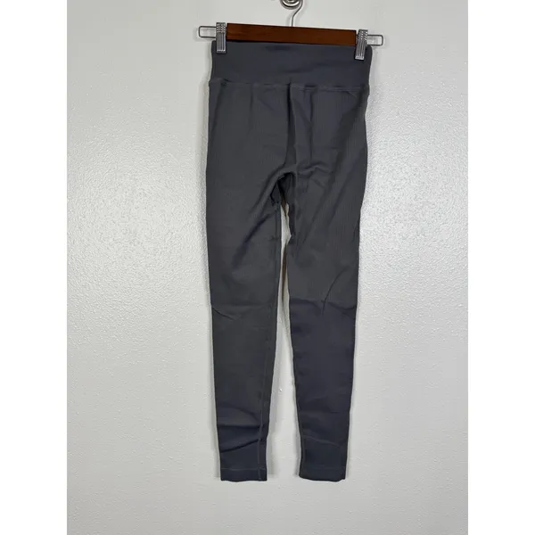 OQQ Women Ribbed Crossover High Waist Yoga Leggings Charcoal Gray Small - Image 2