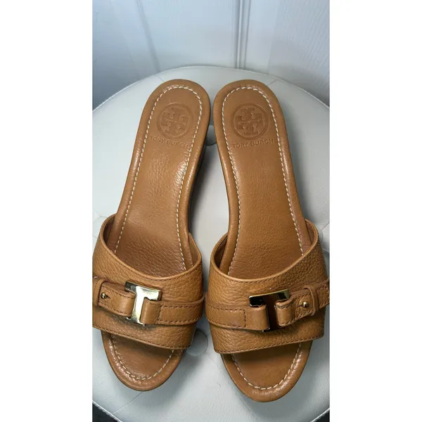 Tory Burch Cognac Leather Wood Platform Wedge Sandals Gold Buckle Mules 7.5 - Image 3