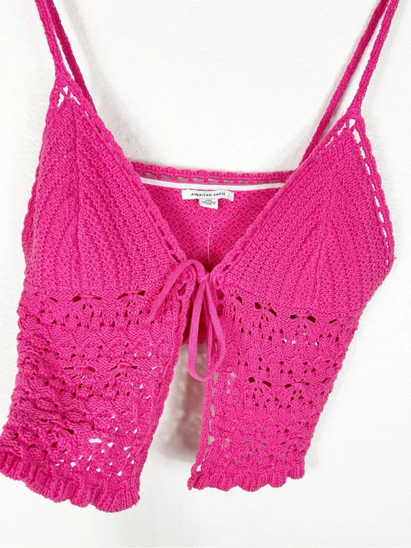 American Eagle cotton crochet knit tie front festival cropped top Y2K size large - Image 3