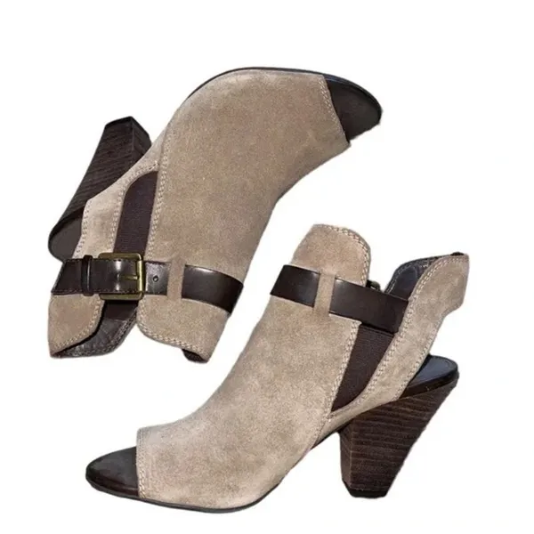 Franco Sarto‎ Buckle Peep Toe Stacked Suede Heeled Booties Size 8.5 A16 - Image 2