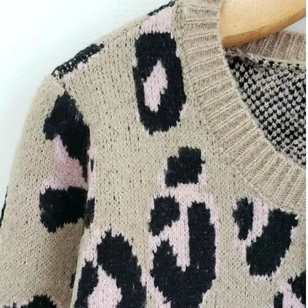 By Design Leopard Print Ivory Rose Knit Crewneck Pullover Sweater - Image 3