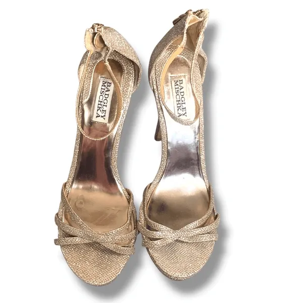 Badgley Mischka Gold Glitter Strappy Heels Ankle Strap Size‎ 9 Zip Back Bridal - Image 2
