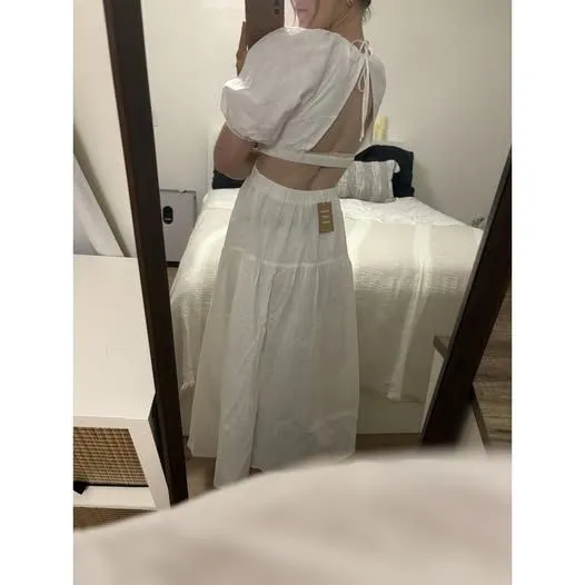 EXLBES Puff Sleeve Cut Out Back Maxi Dress White Size Small Coastal 100% Cotton - Image 2