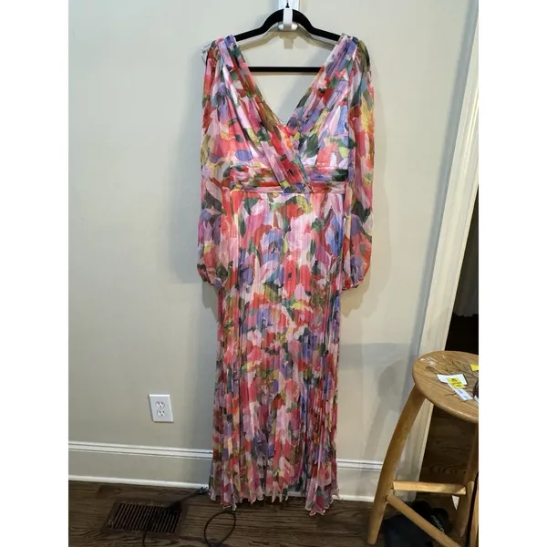 Betsy And Adam Women Watercolor Floral V-Neck Long-Sleeve Dress Pleated Size 10 - Image 3