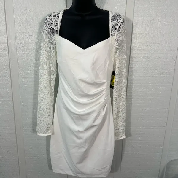 Guess Women’s White Bodycon Dress with Lace Sleeves Size 8 NWT - Image 3