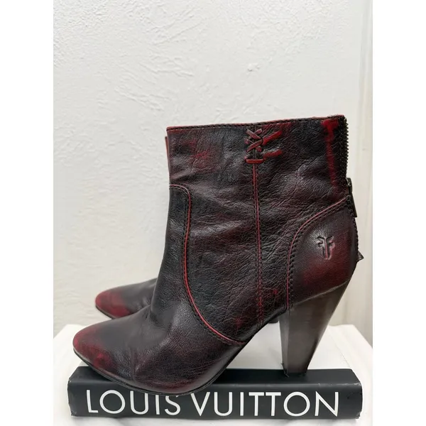 Frye Regina Heel Bootie Women 7.5 Burgundy Leather Pointed Toe Back Zip Heels - Image 2