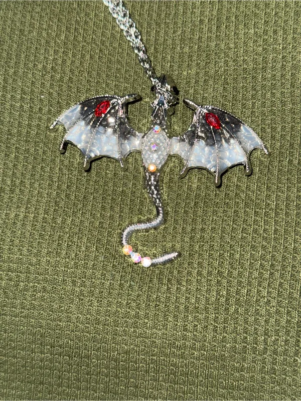 Silver Dragon Wing Pendant Necklace with Red Accent - Women Jewelry - Image 4