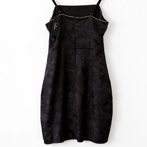 NWT Lulus Sleek Elegance Black Satin Floral Jacquard Rhinestone Mini Dress M - Image 4