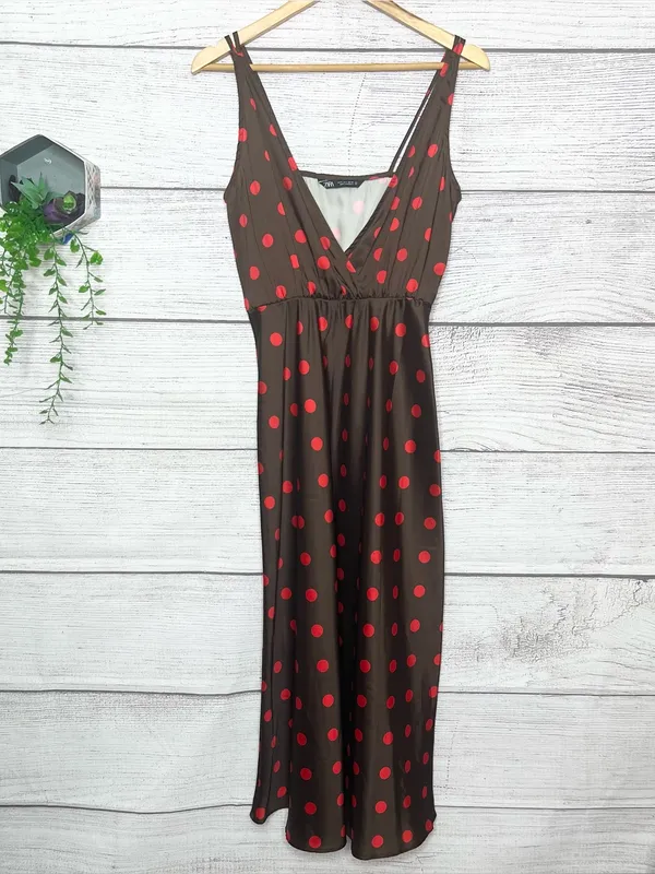 ZARA Brown & Red Polka Dot Sleeveless Midi Slinky Satin Slip Dress Size Small - Image 4