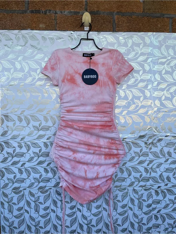 Babyboo Pink Tie Dye Carina Ruched Mini Dress Cotton Blend XS NWT - Image 4