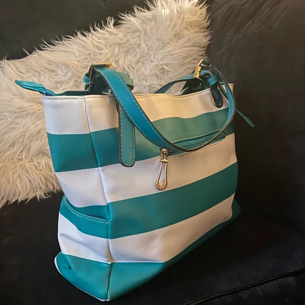 Secosana Teal Stripe Tote Bag | Large Shoulder Purse Travel Beach Work - Image 3