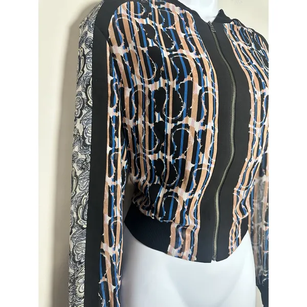 BCBGMAXAZRIA Harrison Mixed Print Bomber Jacket - Blue & Tan Abstract‎ - XS - Image 4