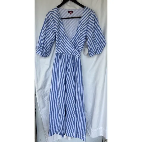 Staud Jodie Midi Wrap Dress Sea Stripe S Bridal Wedding Guest Coastal Nautical - Image 5