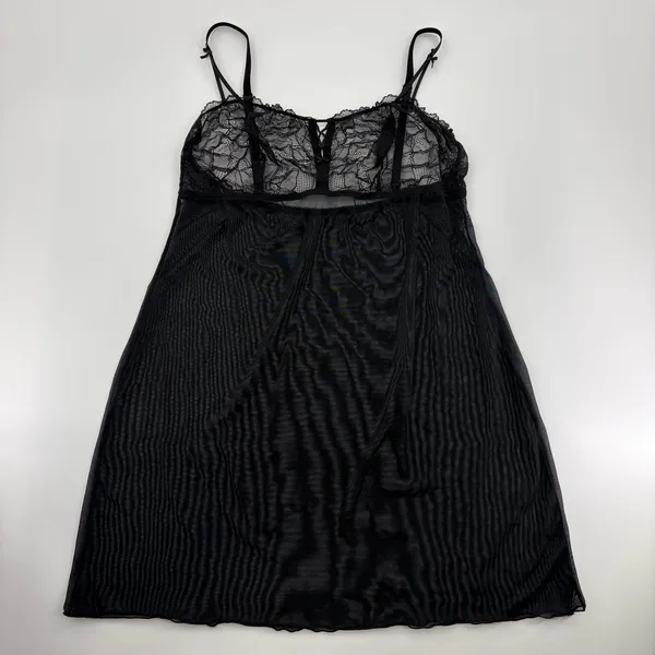 Black Sheer Lace Babydoll Lingerie Chemise Bow Detail Mesh Nightgown - Image 2
