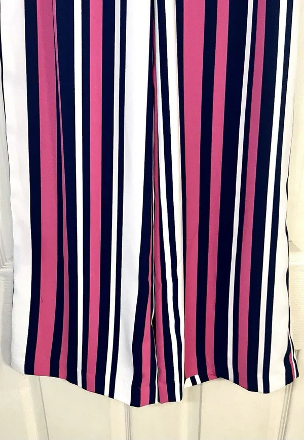 Express SzM High Rise Striped Paperbag Wide Leg Pants Pink Navy White - Image 3
