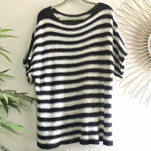 Boat neck off shoulder striped short sleeve knit sweater.l - Image 2